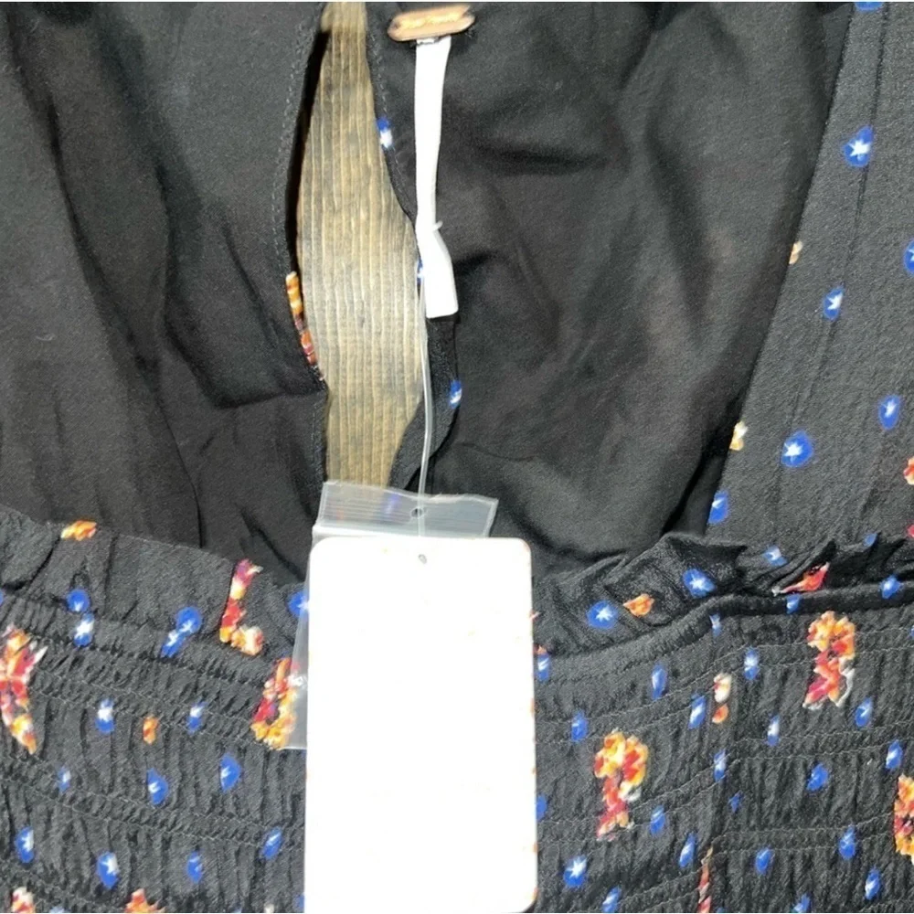 NWT Free People Mini Dress Floral Smocked Square Neck S XS Black‎ Boho